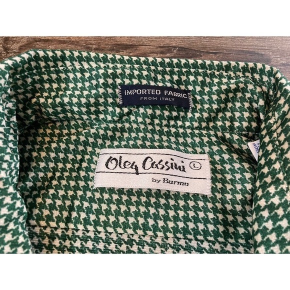 Vintage 70's Oleg Cassini by Burma Disco Shirt Nylon Green Houndstooth Men’s L - Picture 2 of 9